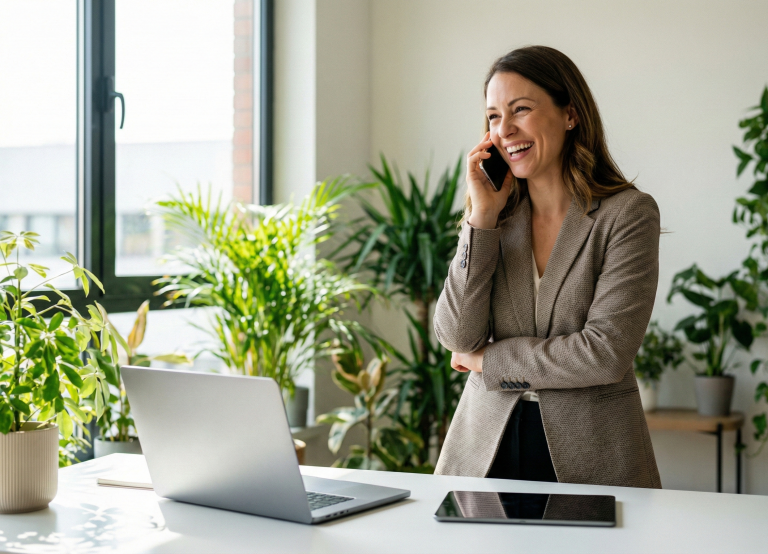 Eine lächelnde Immobilienmaklerin im Business-Outfit telefoniert an ihrem Schreibtisch in einem hellen Büro mit Laptop und Zimmerpflanzen.