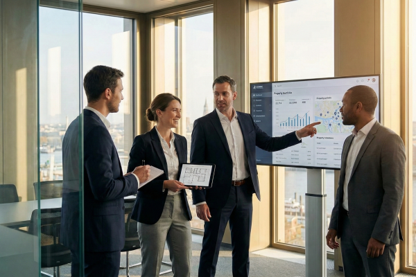 Ein vierköpfiges Immobilien-Team steht vor einem großen Monitor mit Portfolio-Daten und Karten. Ein Manager zeigt auf die Statistiken, während eine Kollegin lächelnd einen Grundriss auf dem Tablet präsentiert; im Hintergrund ist eine Stadtkulisse mit Fluss zu sehen.
