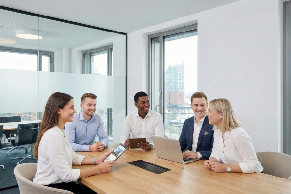 Ein diverses Business-Team sitzt lachend bei einer Besprechung in einem modernen Konferenzraum mit großen Fenstern und Blick auf den Hafen.