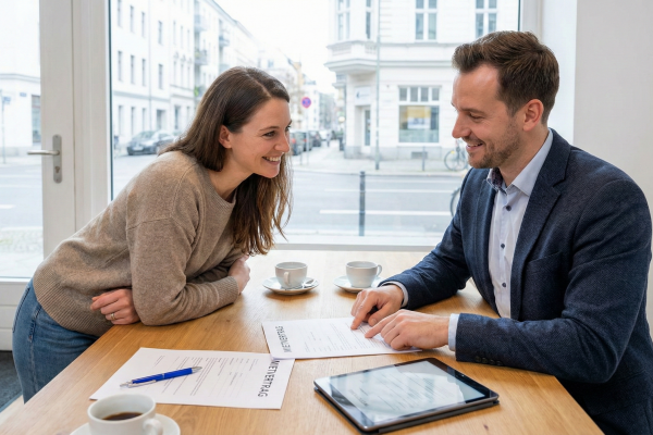 Ein Immobilienberater geht mit einer Kundin bei einer Tasse Kaffee einen Mietvertrag durch, der auf dem Holztisch liegt.