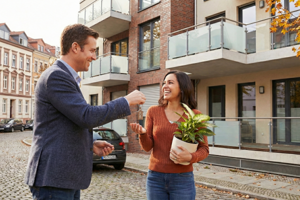 Schlüsselübergabe vor einem Mehrfamilienhaus: Ein Makler überreicht einer neuen Mieterin, die eine Topfpflanze hält, lachend den Wohnungsschlüssel.