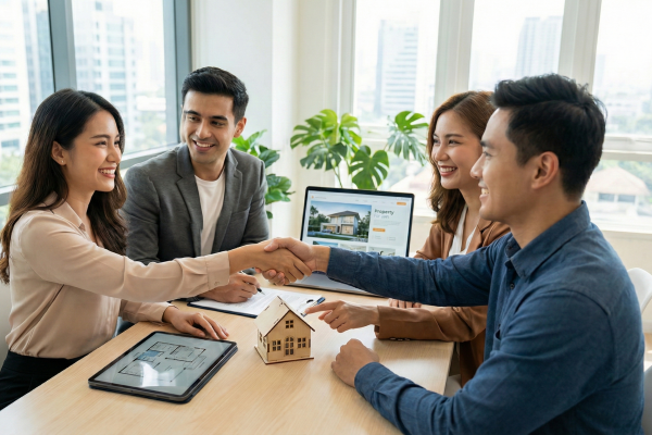 Erfolgreicher Vertragsabschluss: Handschlag zwischen einer Kundin und einem Makler am Besprechungstisch, mit einem Modellhaus und Bauplänen im Vordergrund.