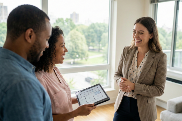 Eine Maklerin zeigt einem glücklichen Paar bei einer Wohnungsbesichtigung den Grundriss der Immobilie auf einem Tablet.